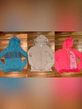 PINK Zip Hoodie Trio - Teal, Beige, and Bright Pink